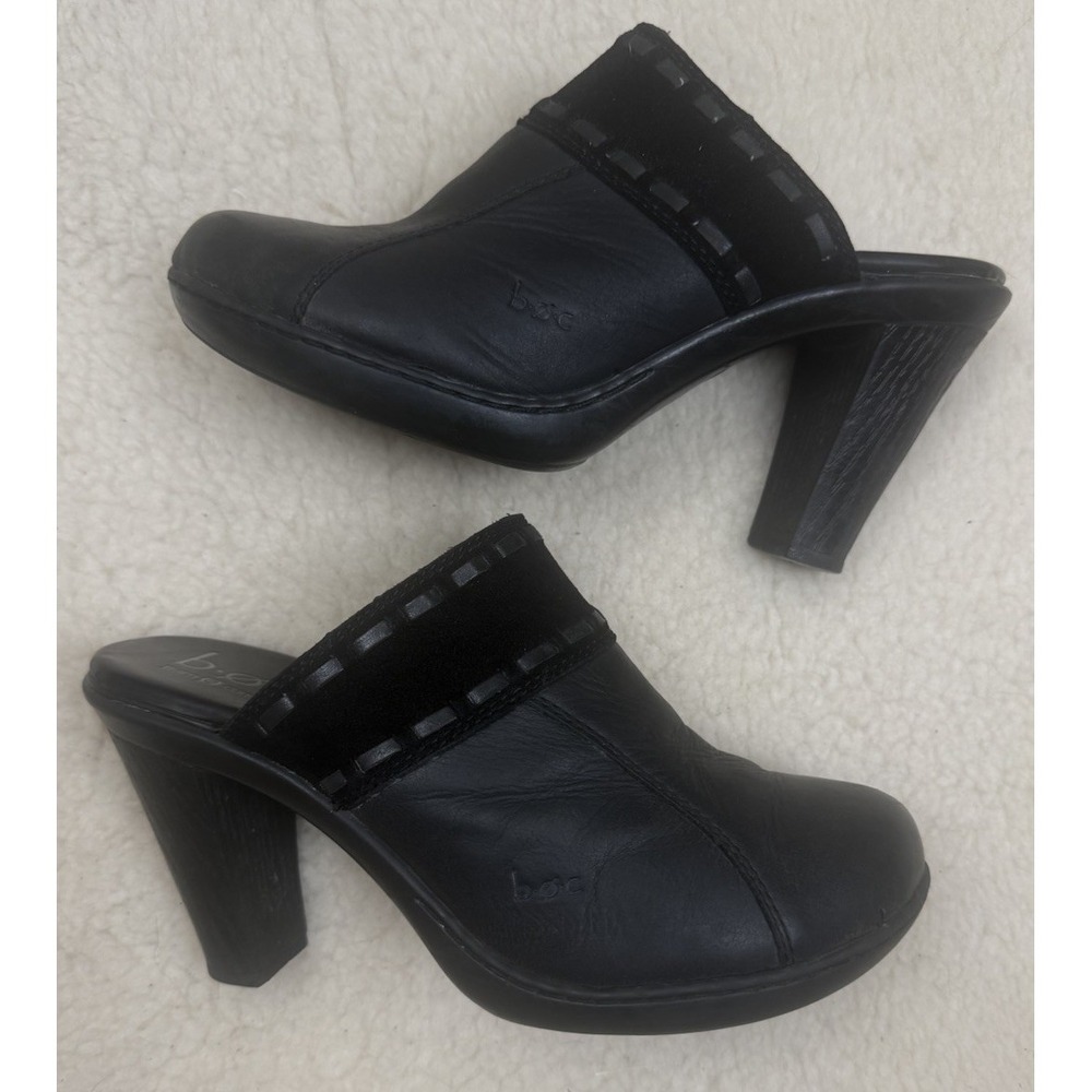 BOC Born Lella Black Leather Heeled Mule Clogs Y2K Boho Academia Block Heel 8